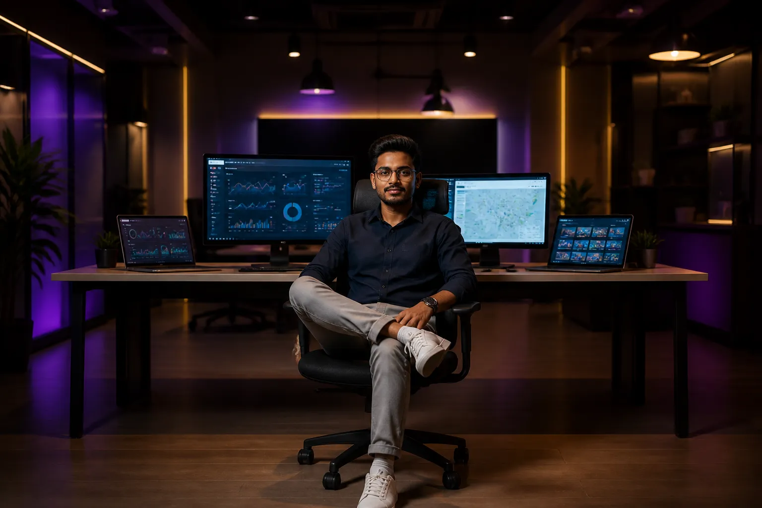 Digital entrepreneur managing a complete online ecosystem across multiple screens